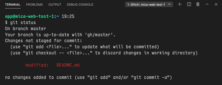 Output from git says there are changes not staged for commit and recommends the git add and git checkout commands.